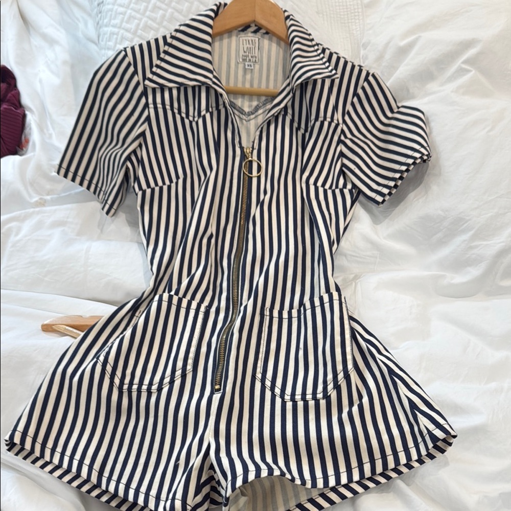 Striped Short Sleeve Zip-Up Romper